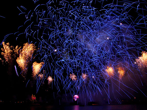 A favorite picture of many, blue fireworks streaked across the sky (164.28 KB)