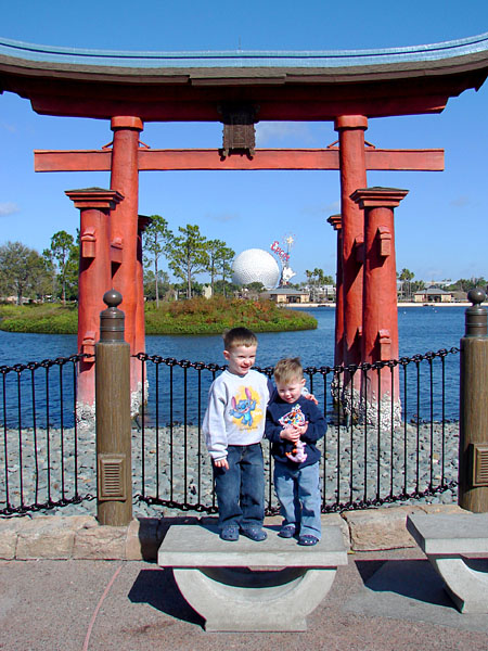 Jacob & Andrew posing in front of a torii gate in the Japan Pavilion (121.99 KB)