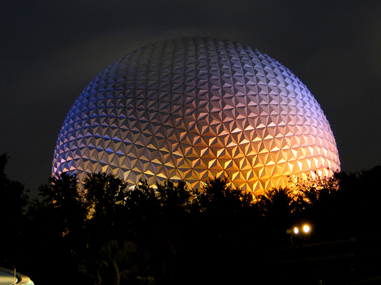 Nighttime shot of Spaceship Earth (186.62 KB)